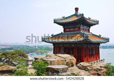 Panoramic landscape view of Chinese style pavilion on the hill top of Summer Palace in Beijing, China. It is one of the oldest, largest and best-preserved ancient imperial gardens in China. 