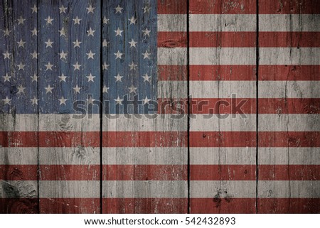 Usa flag on old wood. Wooden board. Timber texture. Vintage background. Retro wallpaper