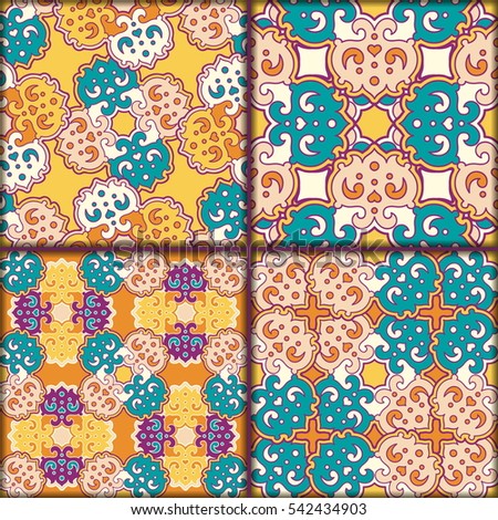 Abstract patchwork pattern. Arabic tile texture with geometric and floral ornaments. Decorative elements for textile, book covers, print, gift wrap. Vintage boho style.