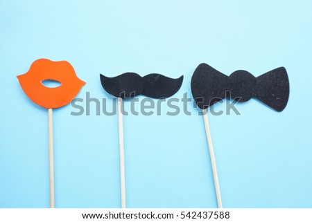 Birthday and Party Set and Weeding. Photo Booth props, red lips and mustache on a blue background.
