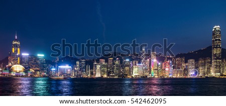?
Hong Kong, China skyline panorama from across Victoria Harbor.