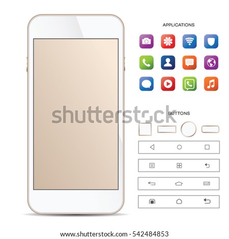 Elegant gold color smartphone with colorful screen icons , applications. Gold color mobile iphon isolated, realistic vector illustration and button sets.