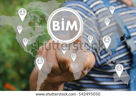 Farmer businessman push button icon  BIM, building information modeling on the touch screen in the web network . Tanned hands, male hands of an elderly person . 