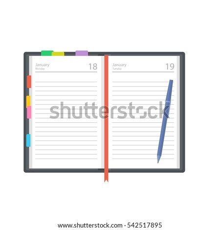 Open diary, planner or notebook vector illustration in flat style. Office and business supplies for lists, reminders, schedules or agendas.  Royalty-Free Stock Photo #542517895