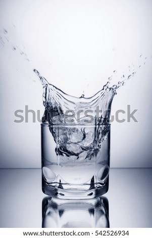 glass of water and ice on a white background with splashes
