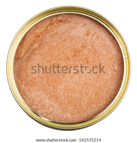 top view of open tin with caviar of saffron cod isolated on white background