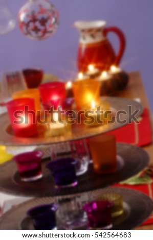blurred decorated under a beautiful holiday decorated room with Christmas tree, interior design of colorful accessories