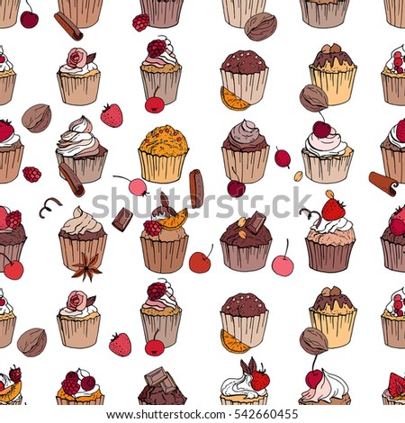 Seamless pattern with different cupcakes with fruits and chocolate. Endless texture for restaurant and cafe menu on white