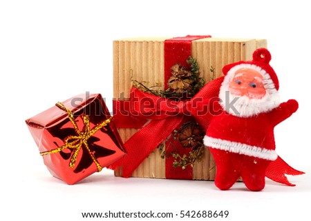 Santa Clause and Christmas gift box on white background