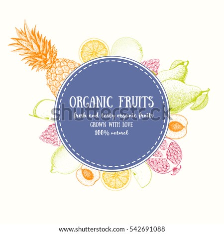 Design template for fruits market. Menu label with organic food. Fresh fruits hand-drawn. Vector illustration.