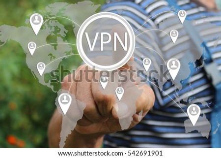 Farmer businessman   pressed a button VPN, Virtual Private Network on the touch screen .Tanned hands, male hands of an elderly person. 