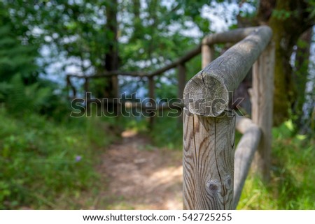 Hiking trail track with wooden rail