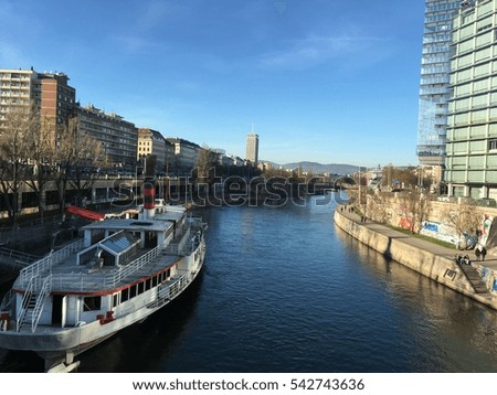 Scenery of Danube riverbank in the city of Vienna (Wien), Austria, Europe. December 26, 2015.