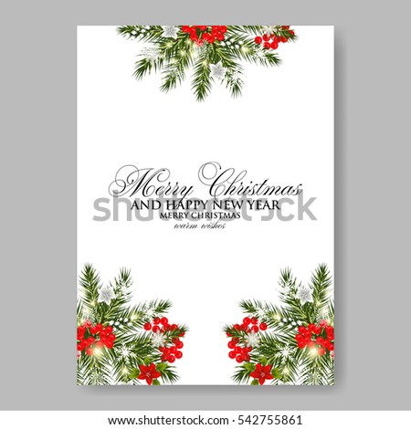 Merry Christmas Party wreath poinsettia, pine branch fir tree, needle, flower bouquet Bridal shower ribbon template wording