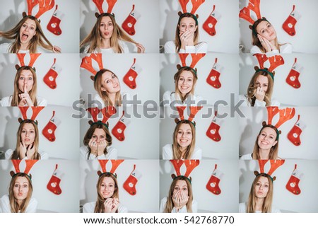 Collage of portraits of young pretty woman with different body gestures and facial expressions on light background, wearing reindeer ears for Christmas - Xmas
