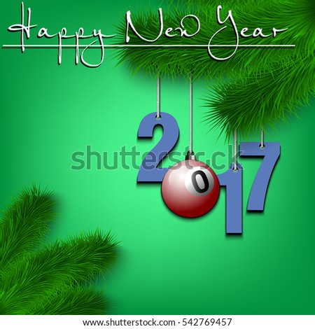 Happy New Year and numbers 2017 and bowling ball as a Christmas decorations hanging on a Christmas tree branch. Vector illustration