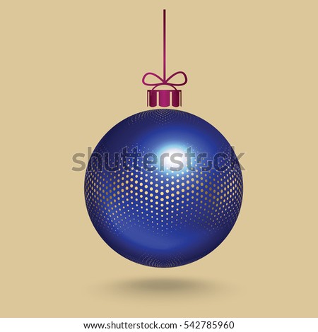 Realistic, 3d, blue Christmas, New Year, ball decorated with the pattern of small gold round halftone dots, hanging on a ribbon with a small bow. Vector illustration. New Year postcard