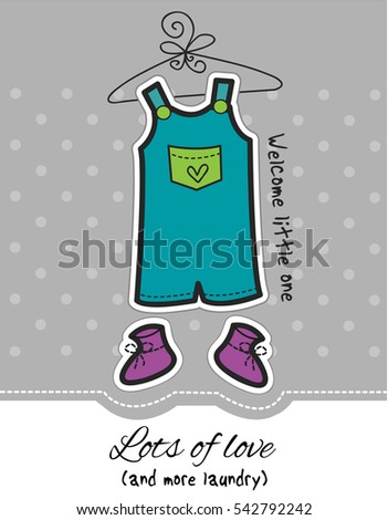 Baby Shower card / Baby boy overall and booties on dotted grey background / Its a boy design card / Lots of love and more laundry design card 