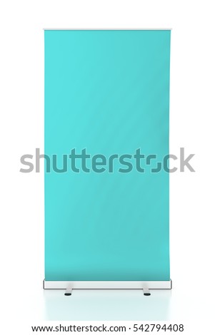 Blank turquoise roll-up banner stand isolated on white background. Include clipping paths around stand and display banner. 3d render