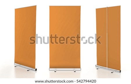 Blank orange roll-up banner stand isolated on white background. Include clipping paths around stand and display banner. 3d render