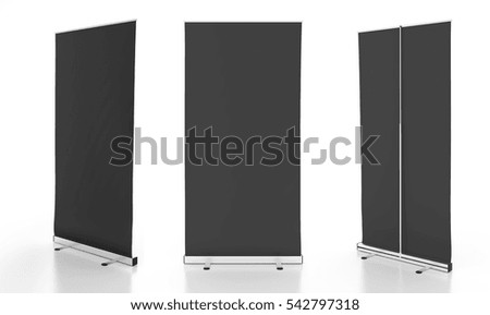 Blank black roll-up banner stands isolated on white background. Include clipping paths around stand and display banner. 3d render