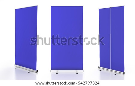 Blank blue roll-up banner stands isolated on white background. Include clipping paths around stand and display banner. 3d render