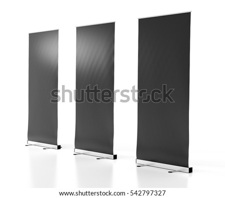 Blank black roll-up banner stands isolated on white background. Include clipping paths around stand and display banner. 3d render