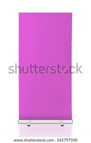 Blank fuchsia roll-up banner stand isolated on white background. Include clipping paths around stand and display banner. 3d render