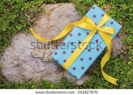 Cute gift box polka dots and yellow ribbon on texture of stone with green leaves. greeting card holidays concept.