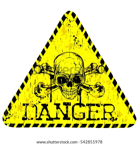 Vector illustration yellow triangular sign with lettering danger and skull with crossed bones
