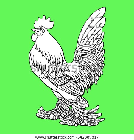 Proud rooster coloring on green background. Decorative chicken monochrome. Coloring page book. A symbol of the Chinese new year 2017 according to east calendar.