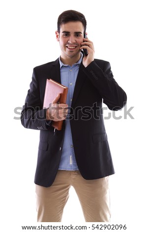 Young man with mobile phone and book isolated on white