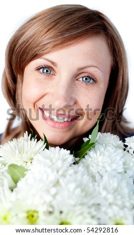 Portrait of a happy woman holding a bunch of flowers isolated on a white background