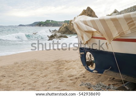 Close up view of boat on sand near sea Royalty-Free Stock Photo #542938690
