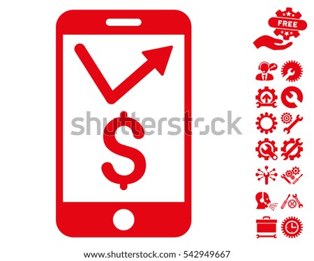 Mobile Sales Report icon with bonus tools symbols. Vector illustration style is flat iconic symbols, red color, white background.