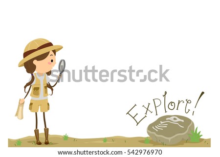 Stickman Illustration of a Little Girl Holding a Magnifying Glass Approaching a Fossilized Specimen