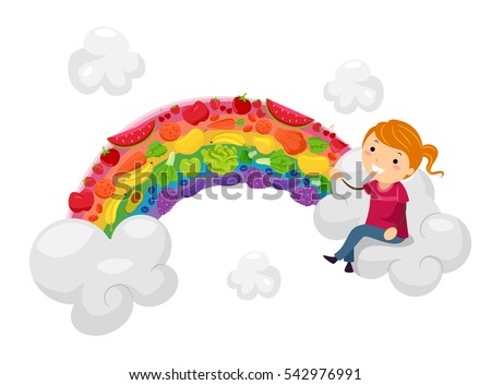 Stickman Illustration of a Little Girl Sitting on a Cloud Next to a Rainbow Decorated with Fruits and Vegetables