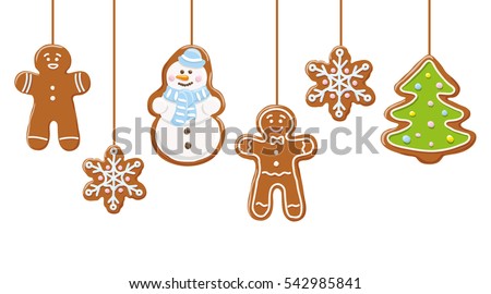 Hanging gingerbread man, tree, snowman and stars cookies isolated on white color. Christmas background. Vector illustration.
