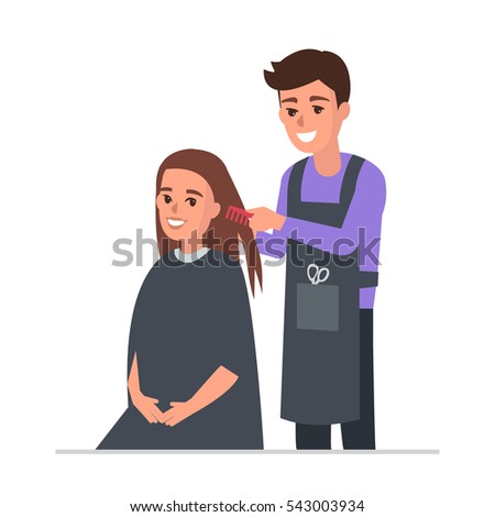 Hairdresser working with customer. Vector cartoon illustration.