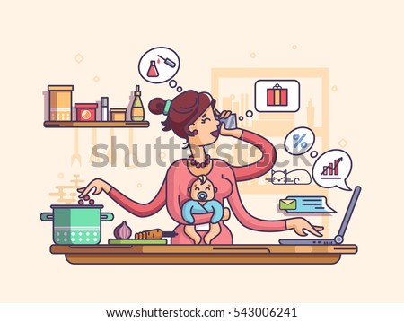 Busy mother with baby Royalty-Free Stock Photo #543006241