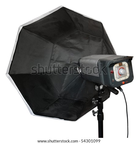 Modern studio flash with big octagonal soft-box isolated on a white background.