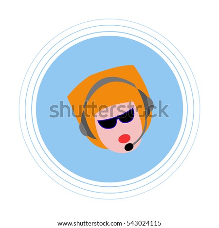 A woman with red hair with headphones with microphone. Flat icon, avatar.