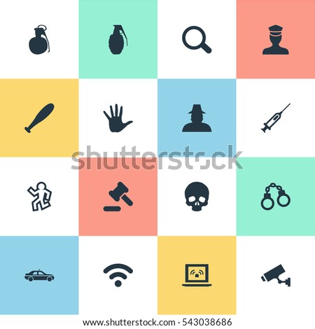 Set Of 16 Simple Crime Icons. Can Be Found Such Elements As Lock, Dead Man, Sheriff And Other.