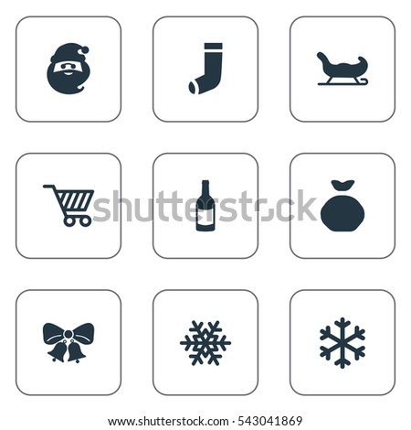 Set Of 9 Simple Celebration Icons. Can Be Found Such Elements As Sledge, Bag, Christmas Decoration And Other.