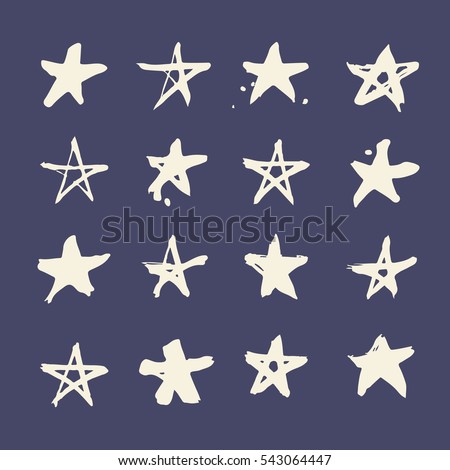 Set of hand drawn paint object for design use. White on dark blue background. Abstract brush drawing. Vector art illustration grunge stars