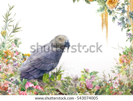 watercolor painting with bird and flowers, on white background 