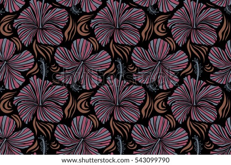 Hand painted. Pattern in neutral and pink colors with tropic summertime motif may be used as texture, wrapping paper, textile design. Seamless pattern of tropical hibiscus flowers, dense jungle.