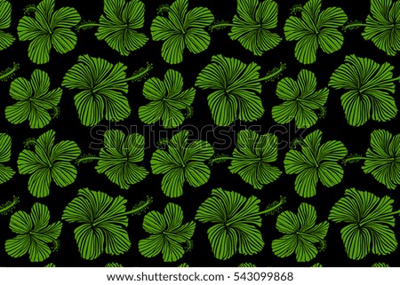 Hibiscus flowers on a black background in a trendy style. Hawaiian tropical natural floral seamless pattern in green colors.