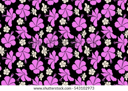 Pattern for summer fashion, interior, wallpaper. Seamless tropical design with hibiscus on a black background in pink and beige colors. Exotic flowers in allover composition.