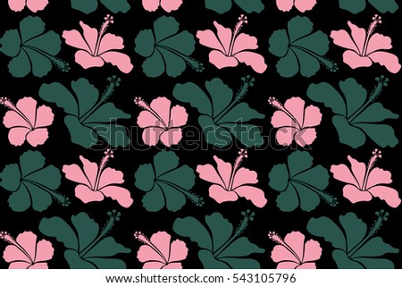 Hawaiian tropical natural floral seamless pattern in green and pink colors. Hibiscus flowers on a black background in a trendy style.